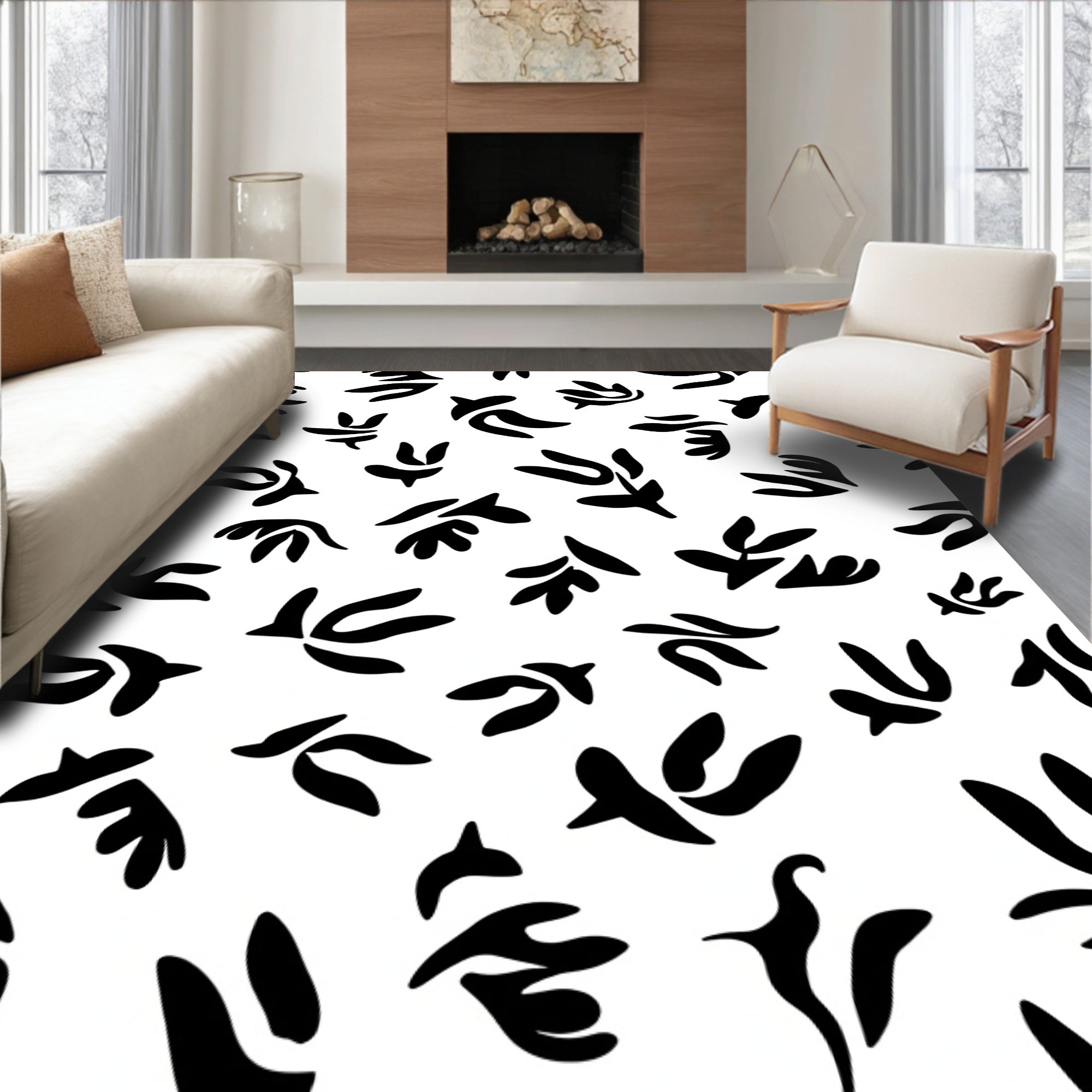 Black Abstract Botanical Shape Rug