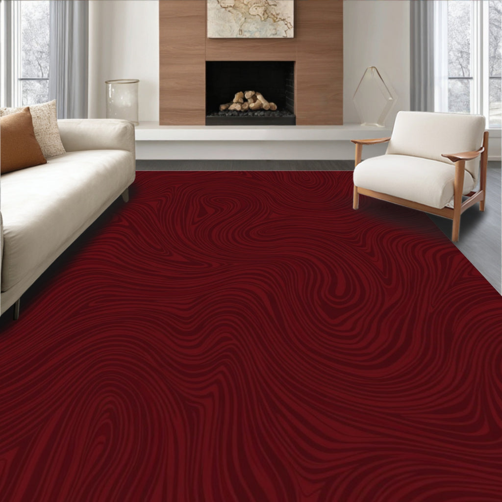 Deep Crimson Swirl Wood Grain Rug