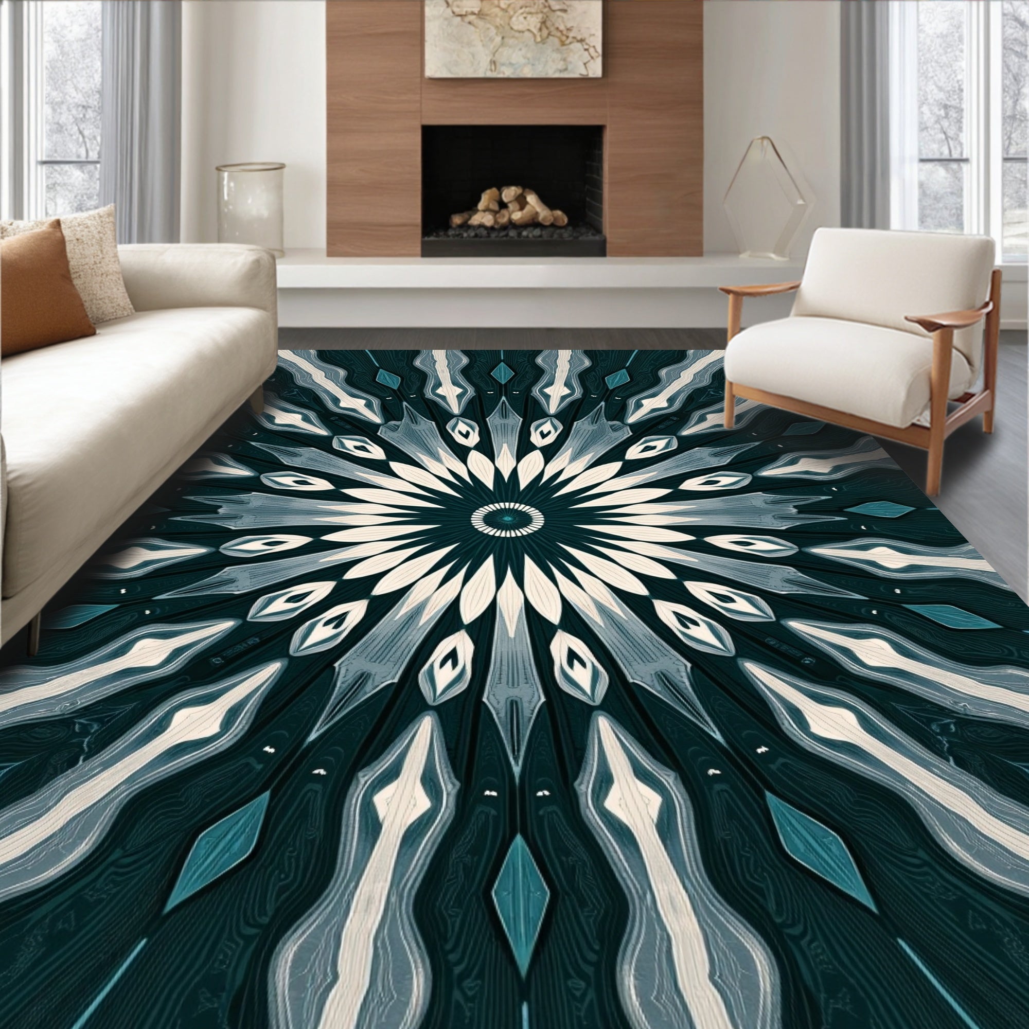 Deep Teal Petal Radiance Mandala Rug