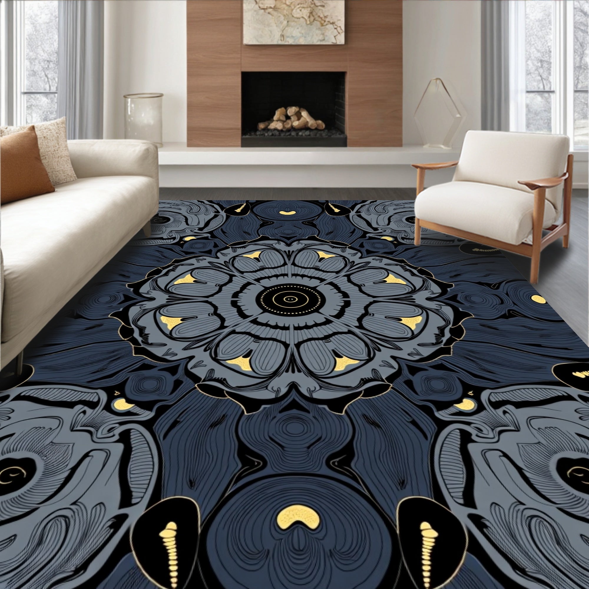 Gray And Black Abstract Floral Rug