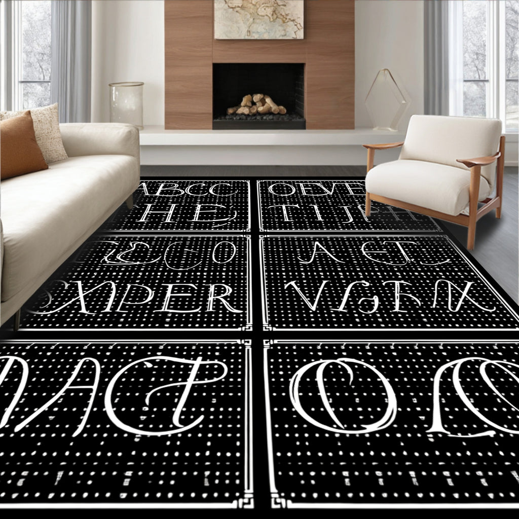 White Typography On Black Grid Rug