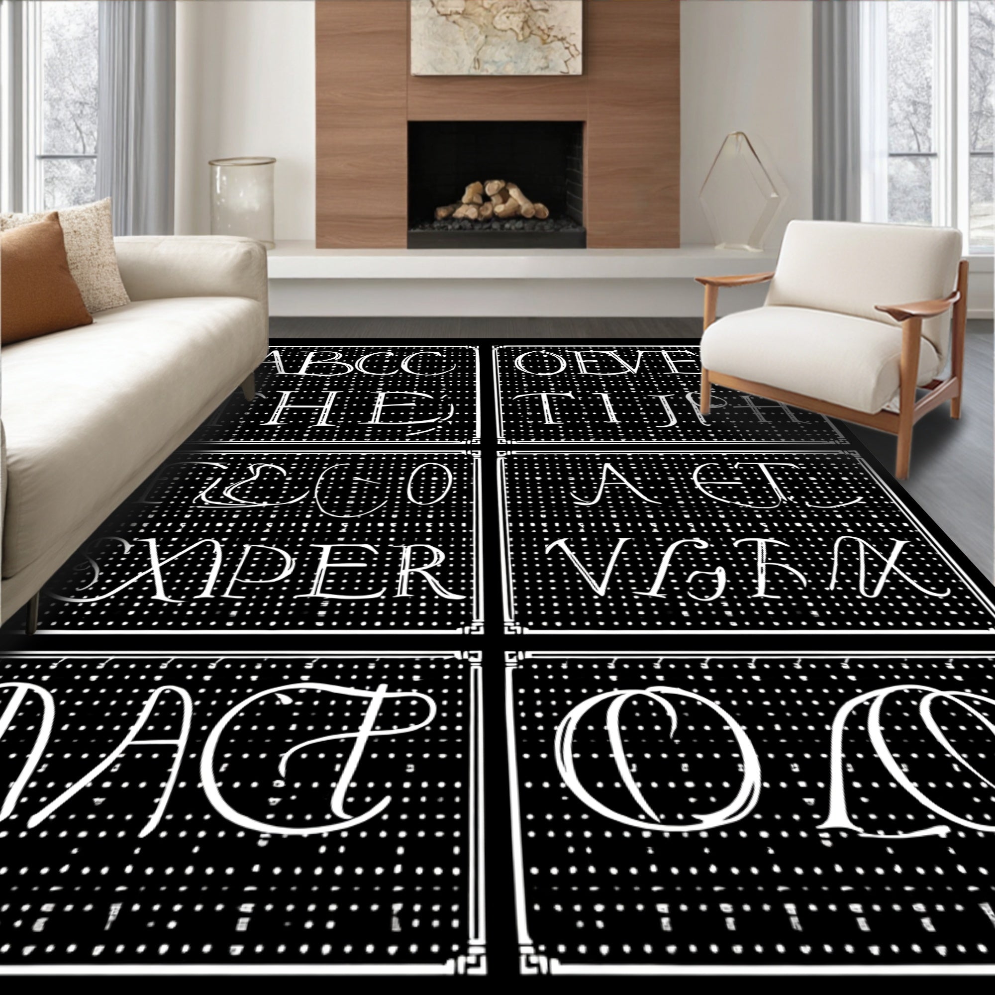 White Typography On Black Grid Rug