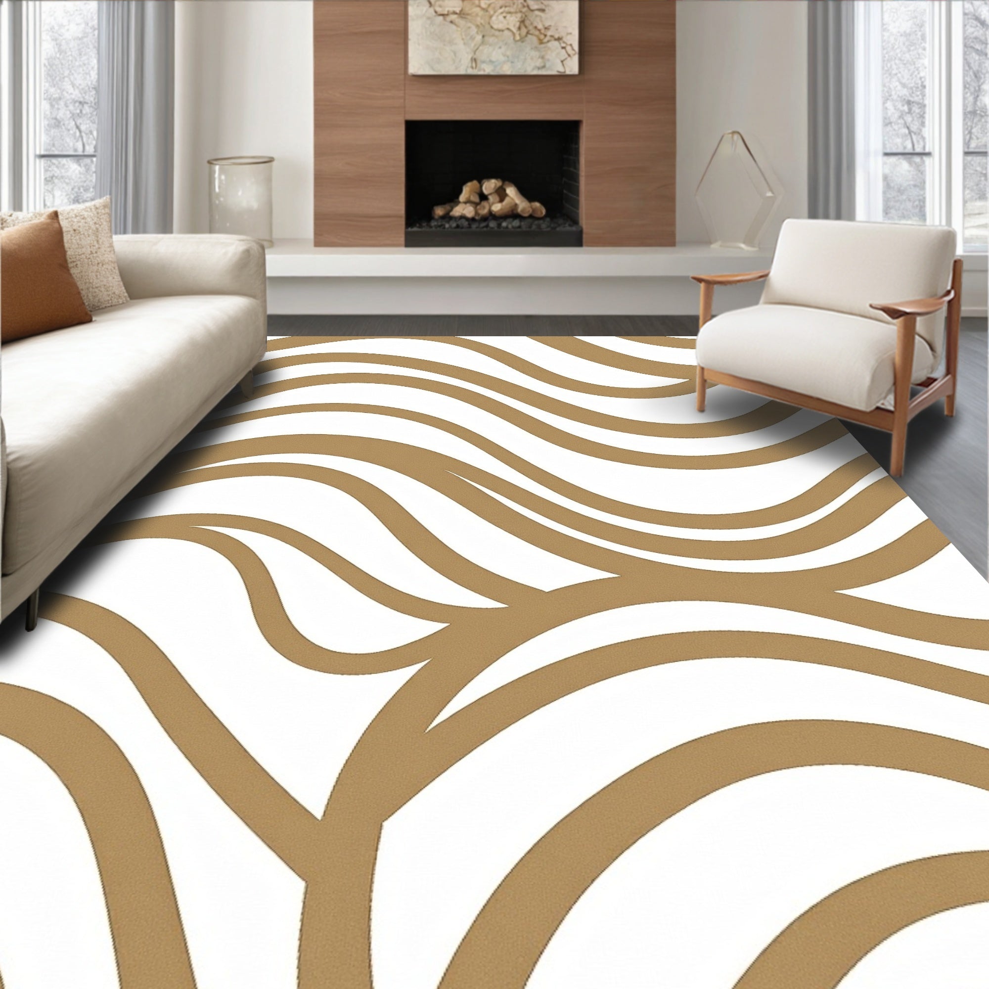 Bronze Swirls Across White Canvas Rug