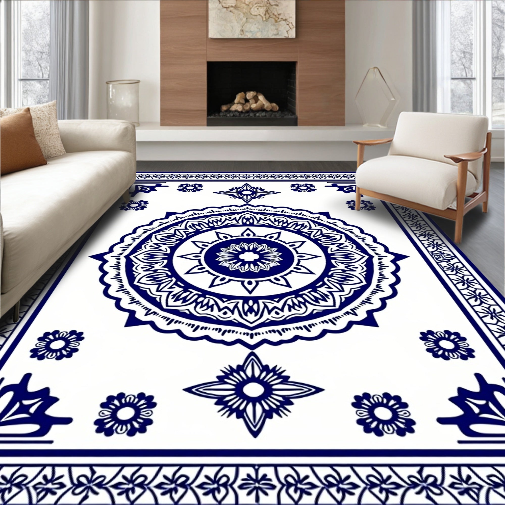 Classic Blue White Medallion Floral Rug