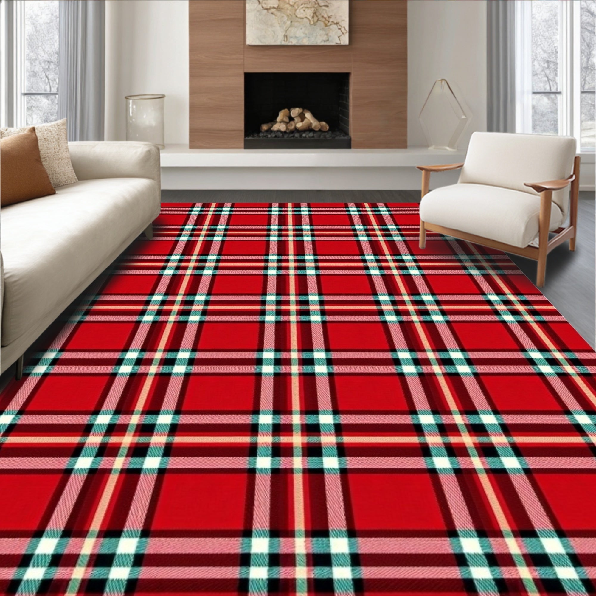 Classic Red Intersecting Plaid Rug
