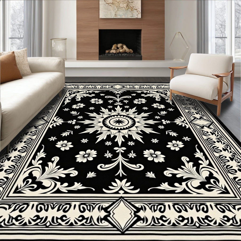 Black Cream Sunburst Floral Medallion Rug