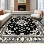 Black Cream Sunburst Floral Medallion Rug