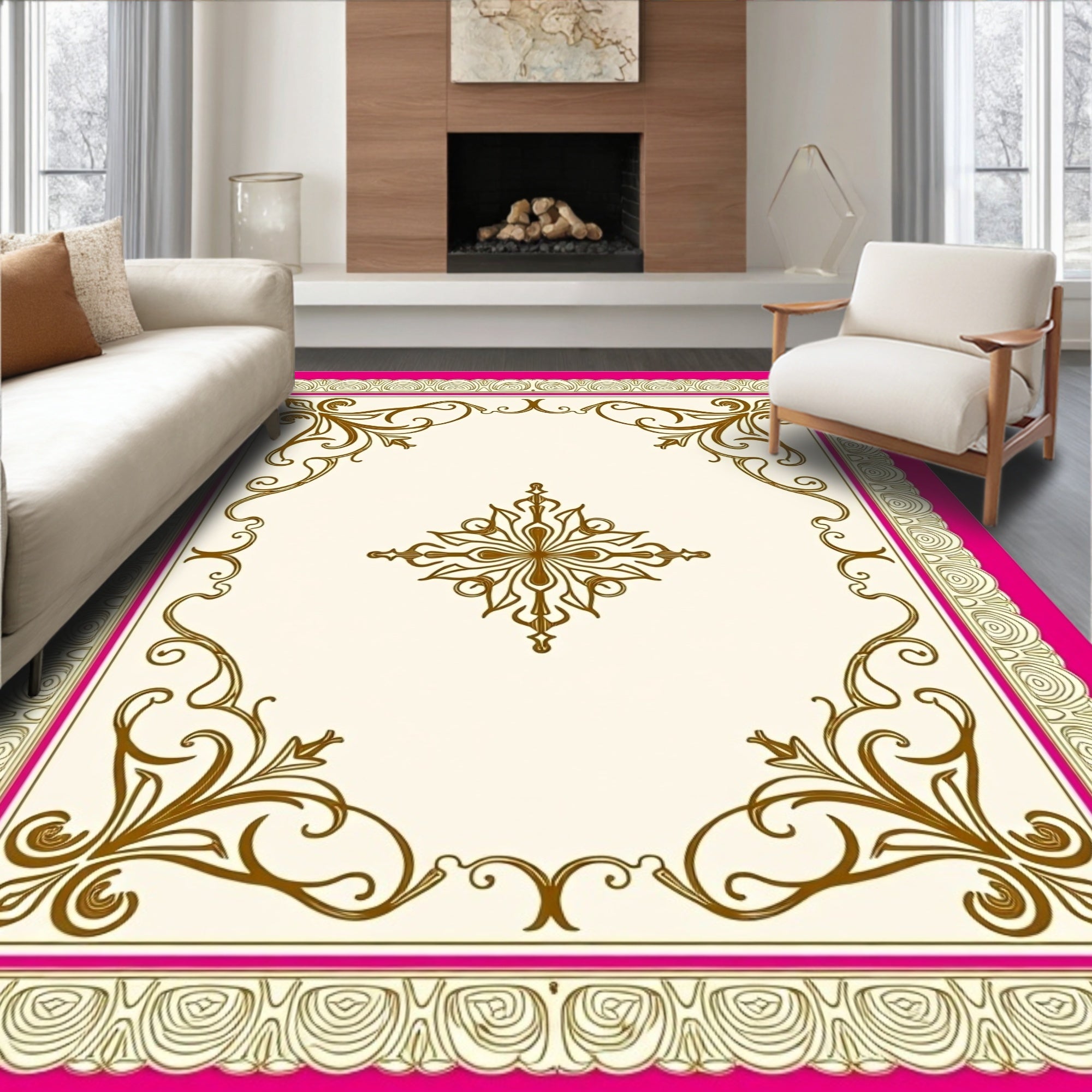 Fuchsia Gold Ornate Medallion Rectangle Rug
