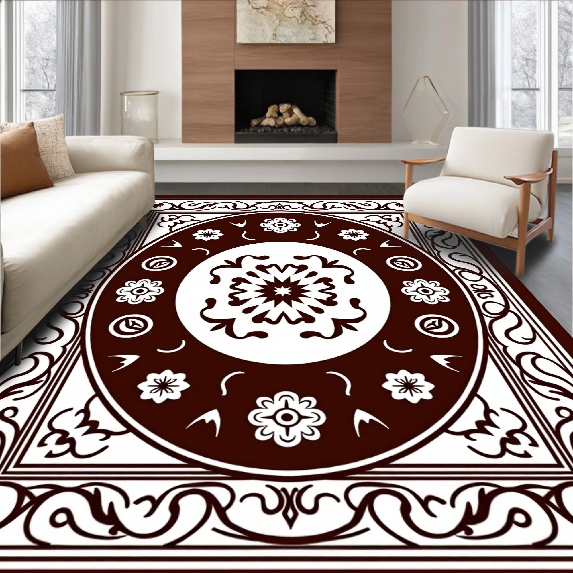 Deep Red Floral Medallion Border Rug