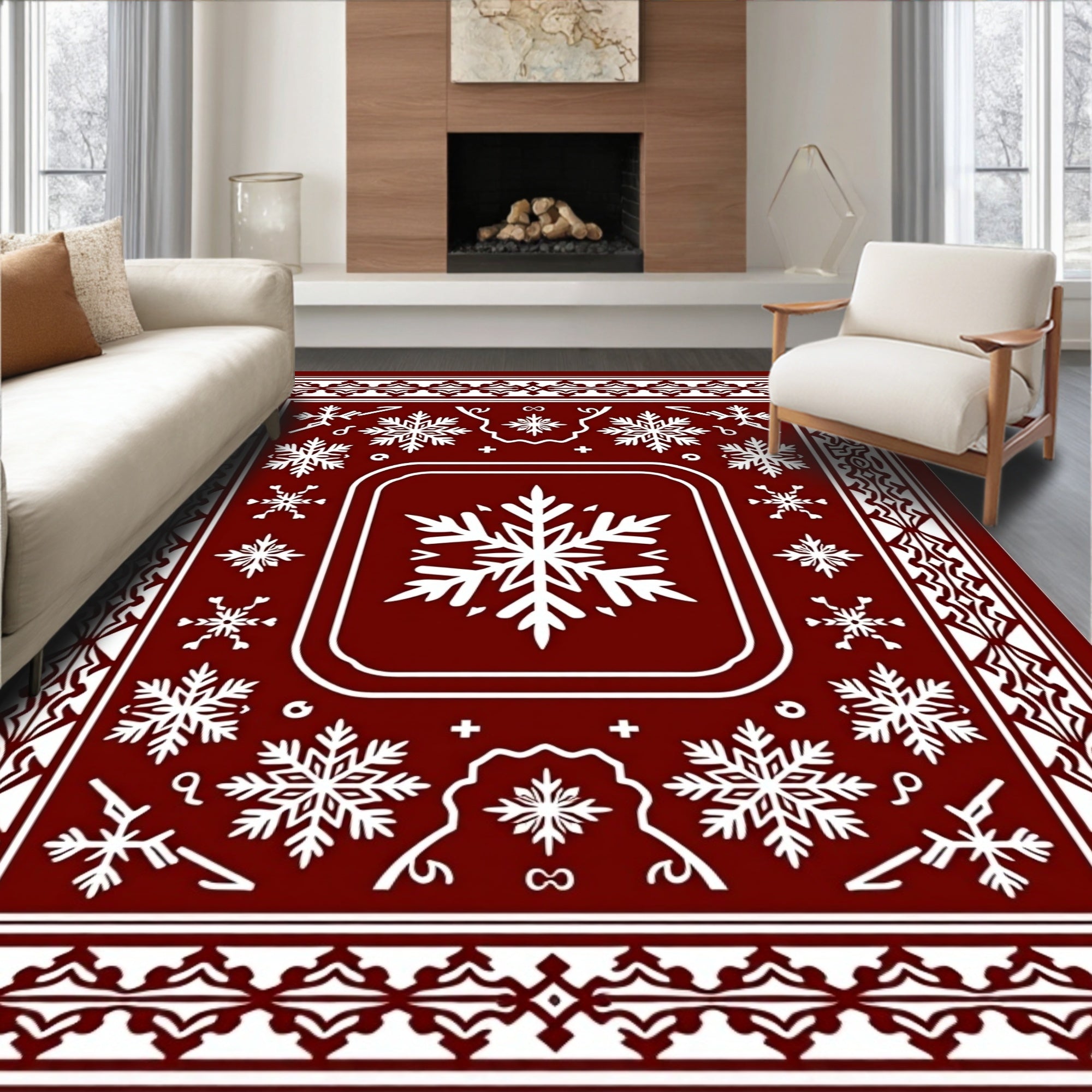 Crimson Snowflake Border Rug