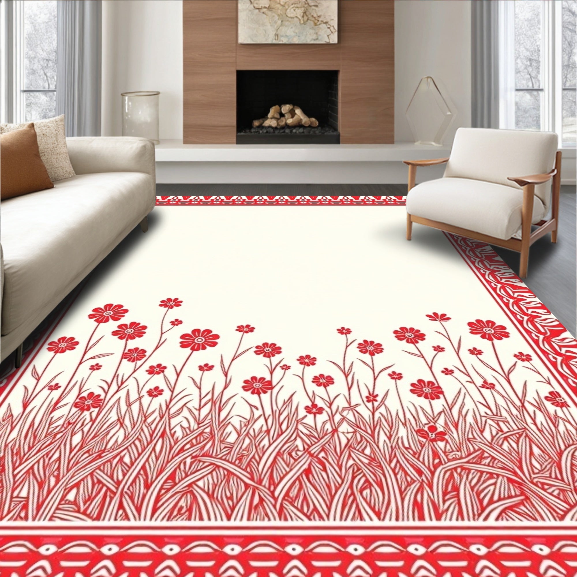 Crimson Meadow Wildflower Border Rug