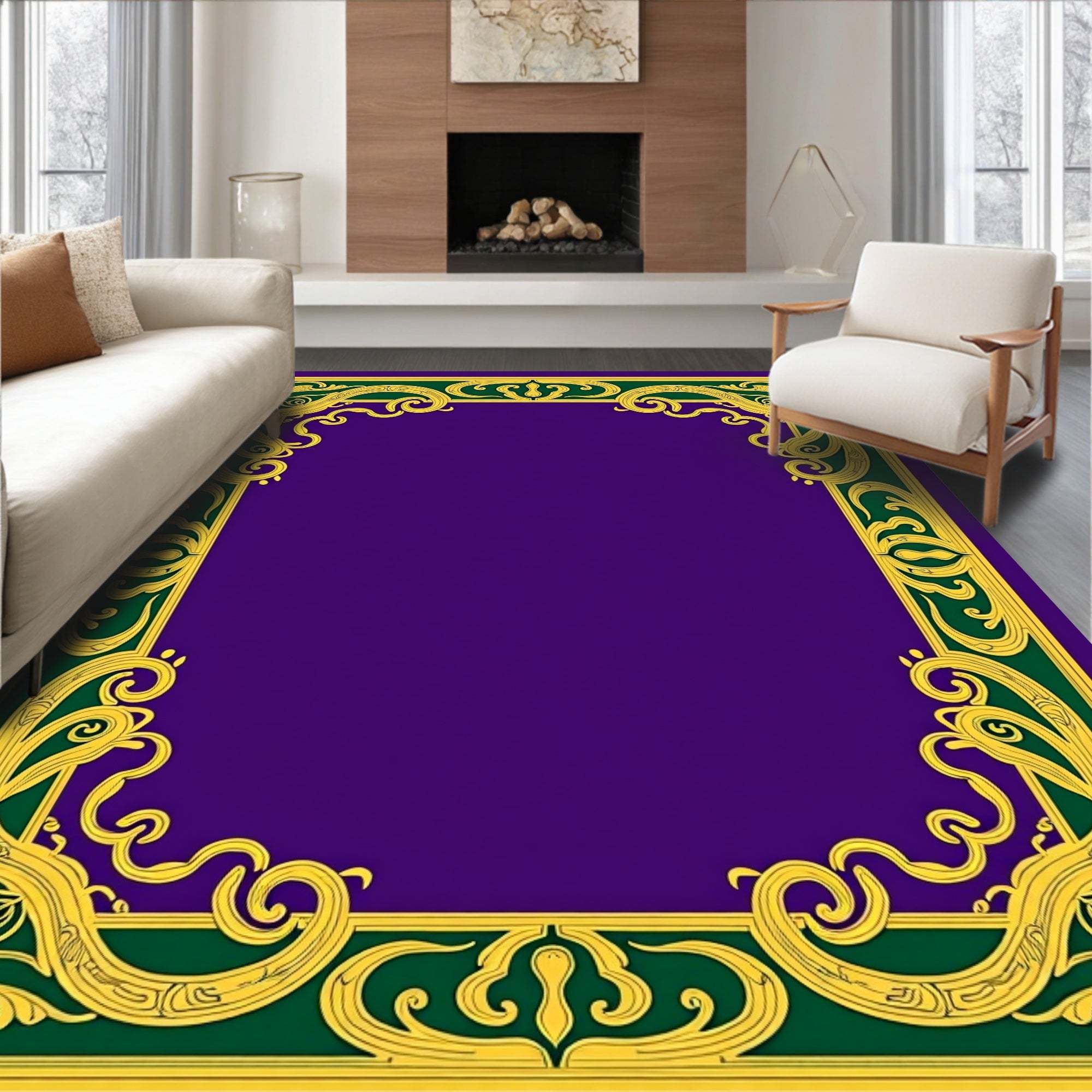 Regal Purple and Gold Ornate Border Rug