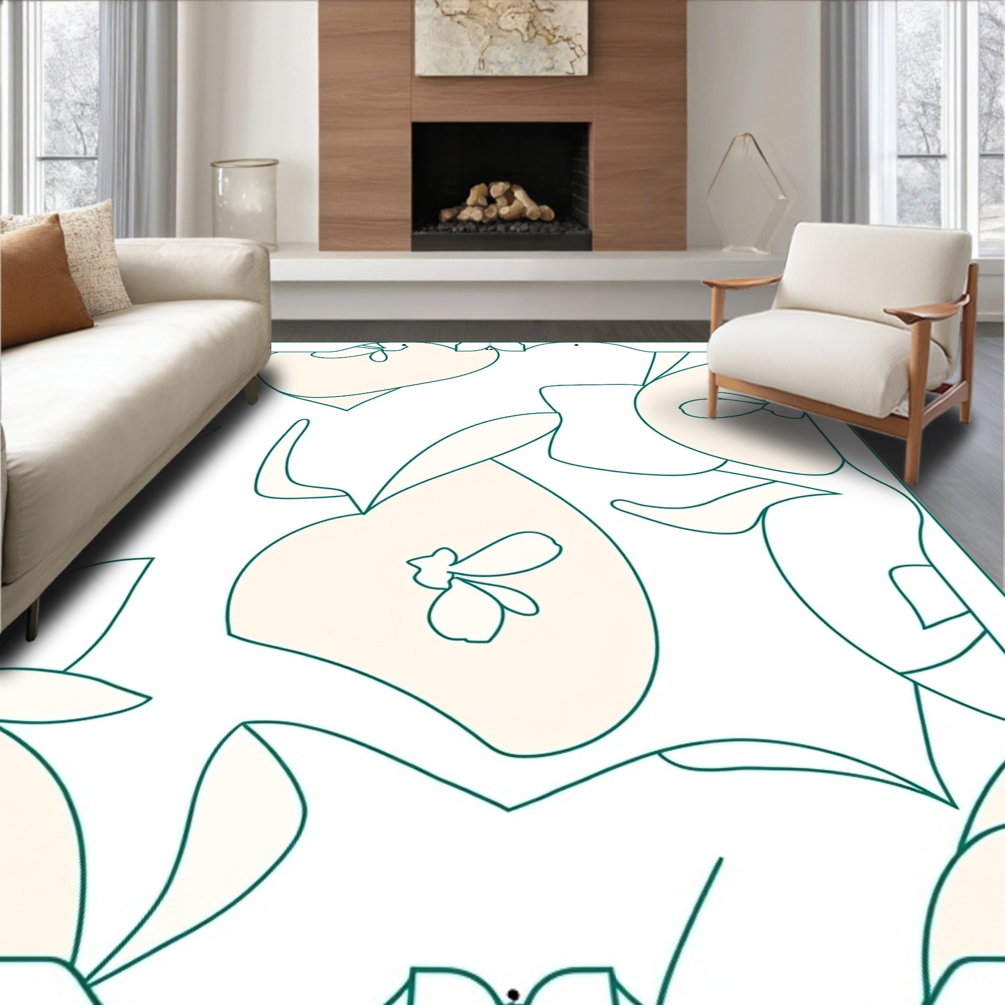 Cream Floral Outline Art Rug