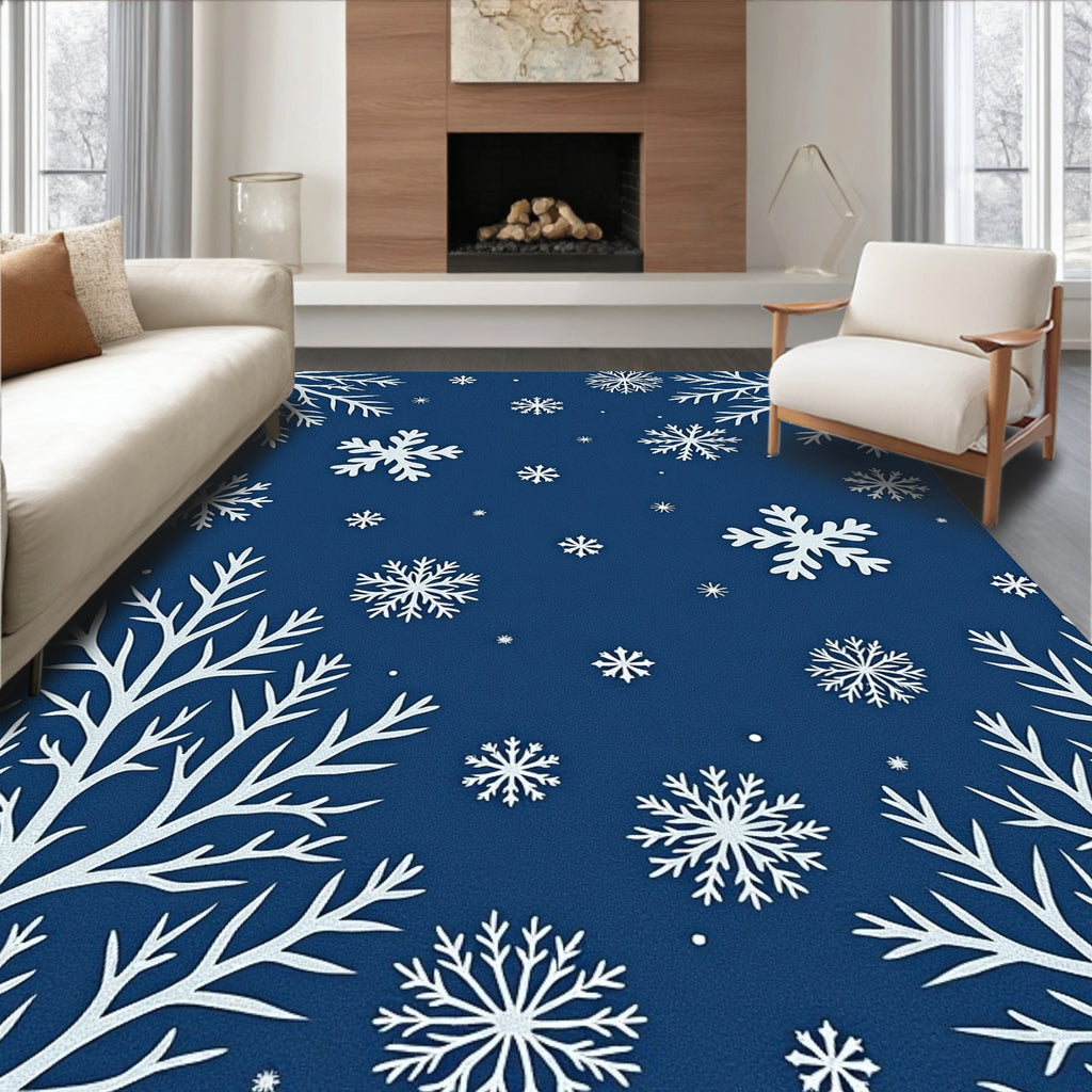 Winter White Snowflakes On Blue Rug