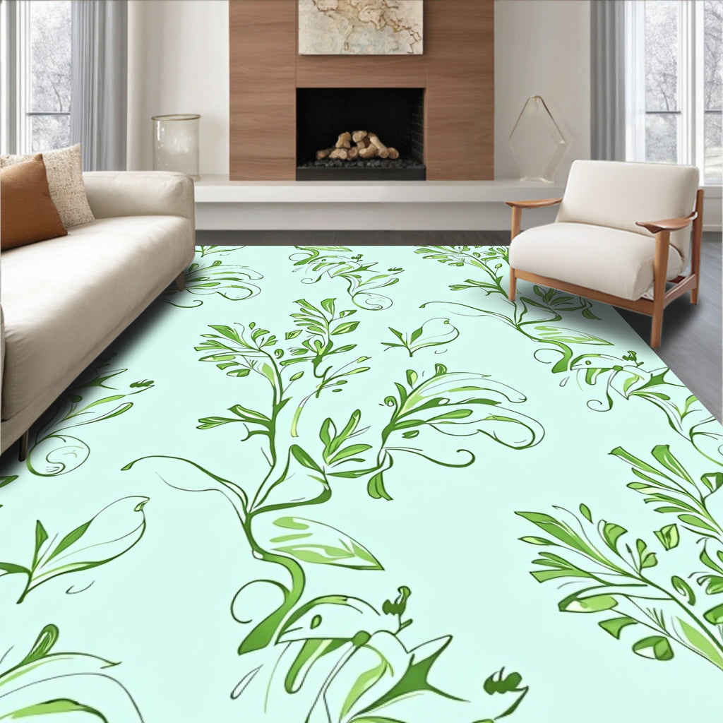 Soft Green Leafy Vine Swirl Rug