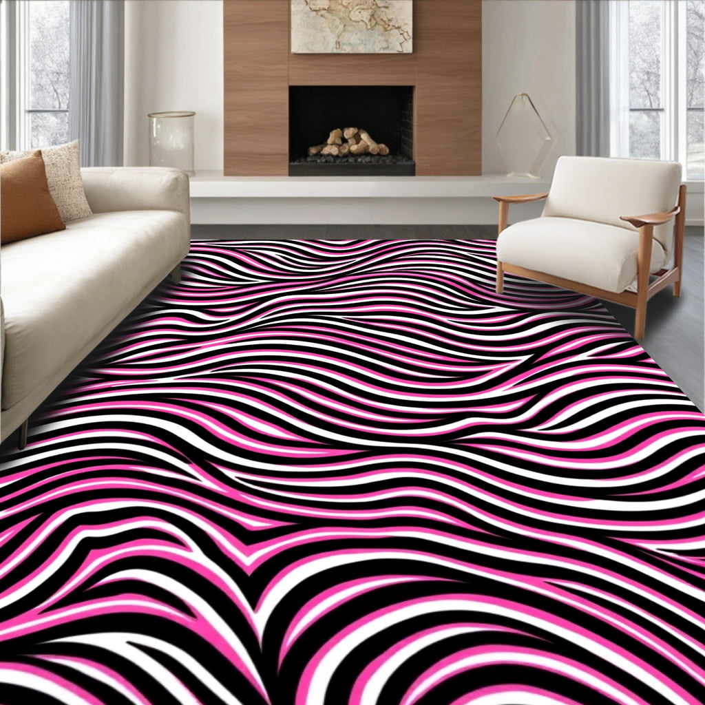 Bold Pink Black White Swirls Rug