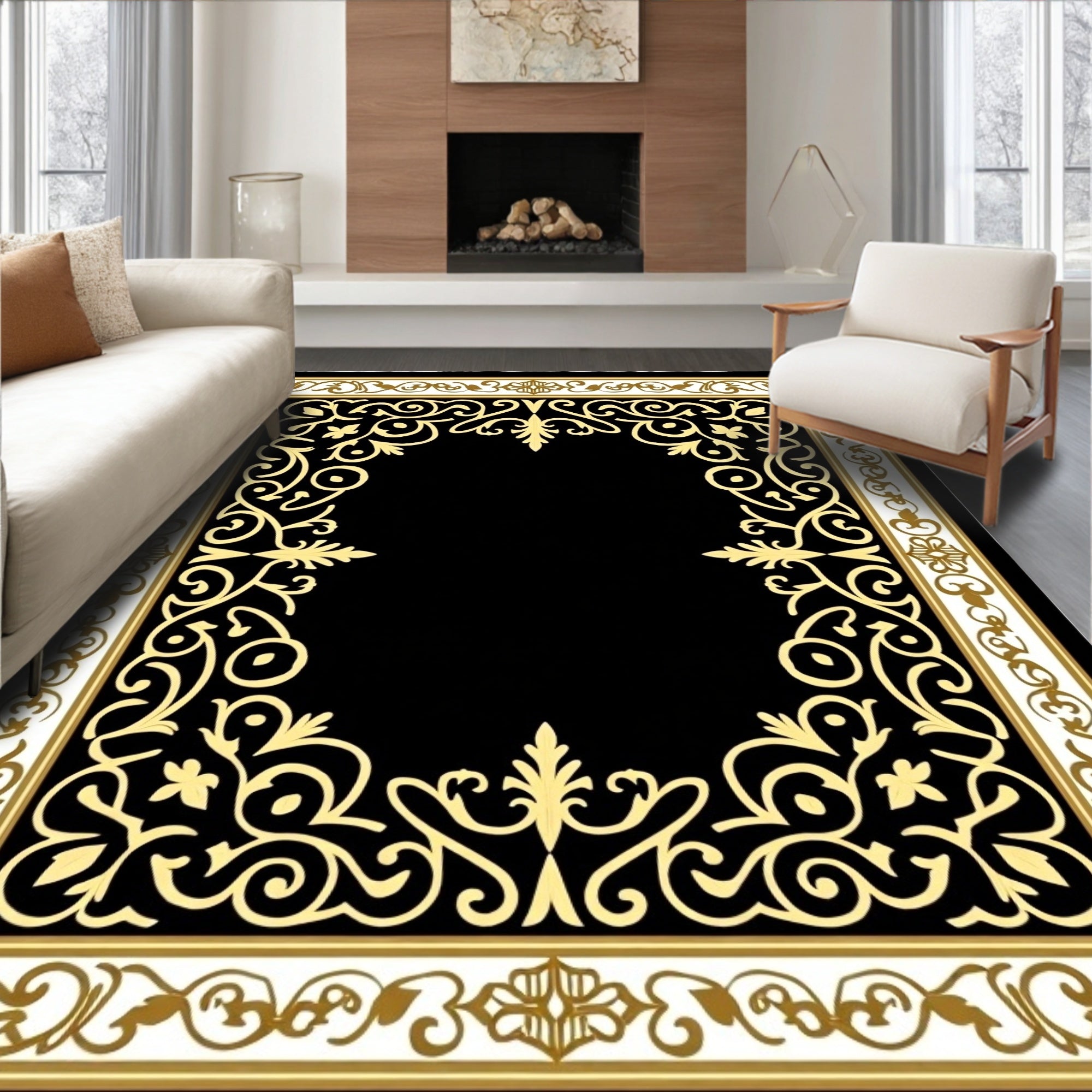 Black Gold Vintage Floral Arch Rug