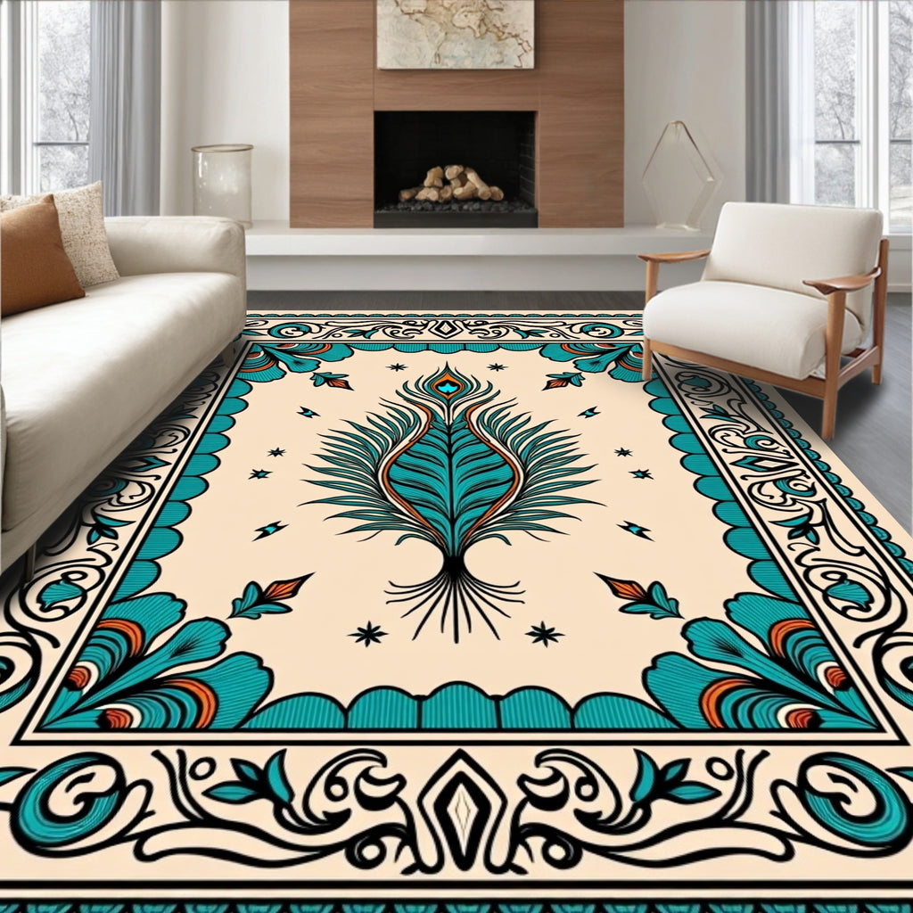Teal Peacock Feather Floral Square Rug