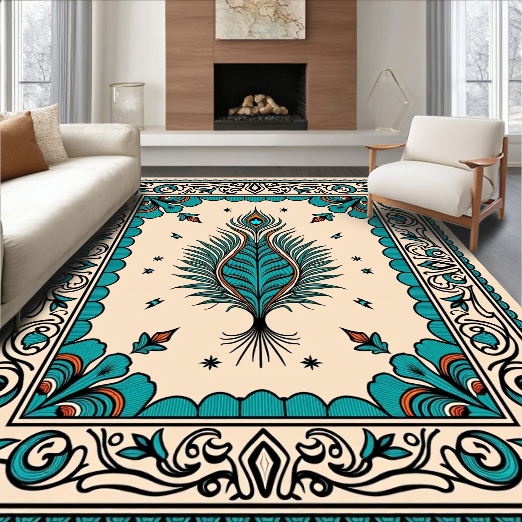 Teal Peacock Feather Floral Square Rug