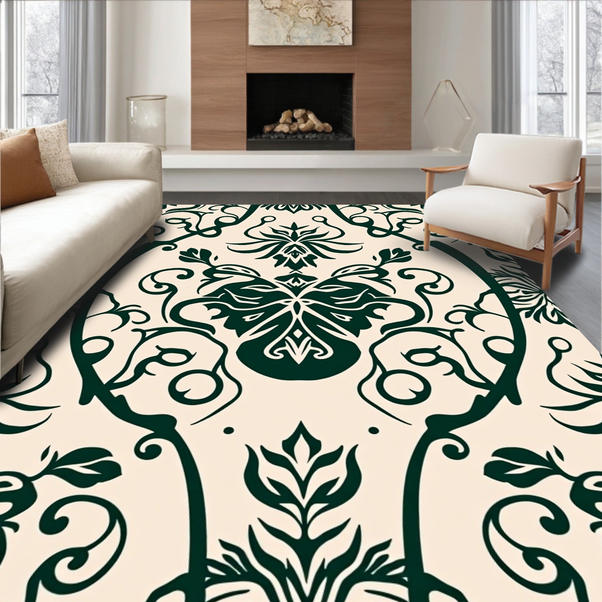 Dark Green Damask Floral Medallion Rug
