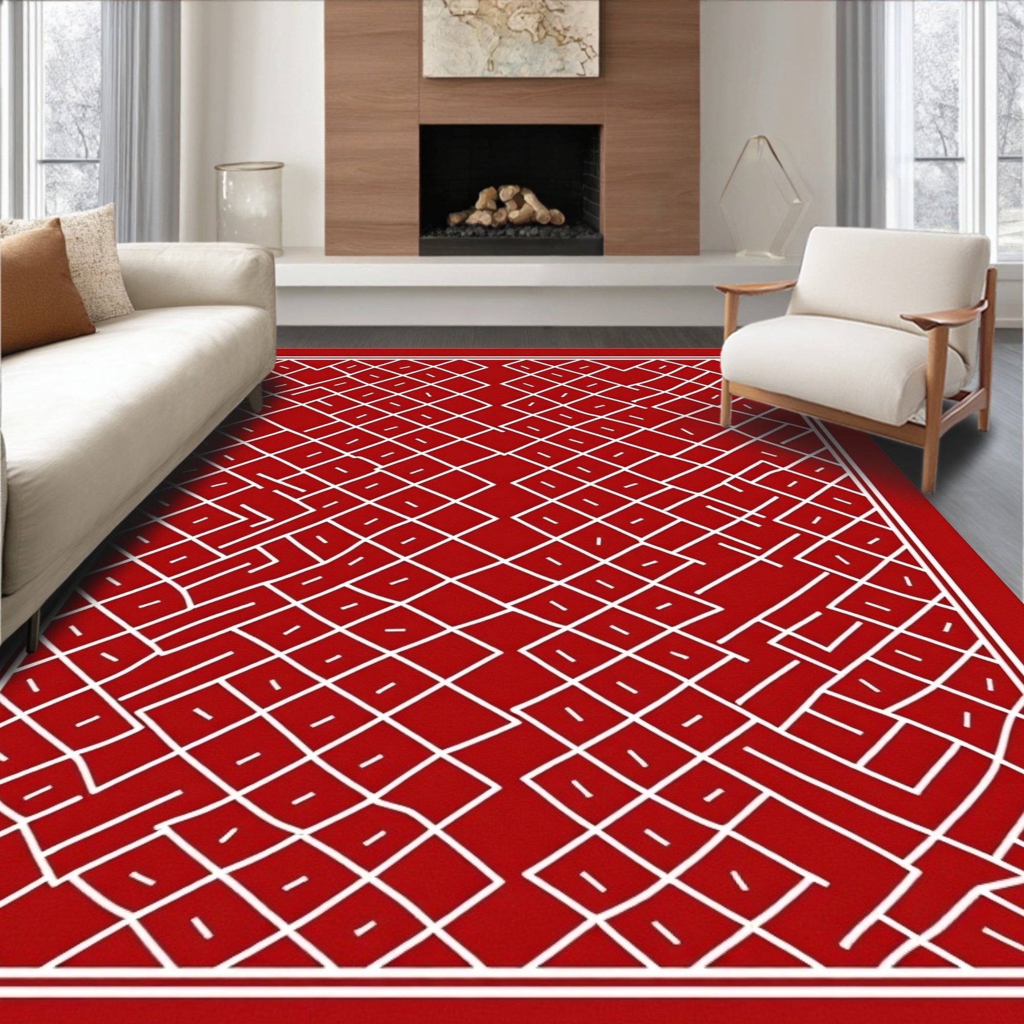 Crimson White Interlocking Diamond Maze Rug