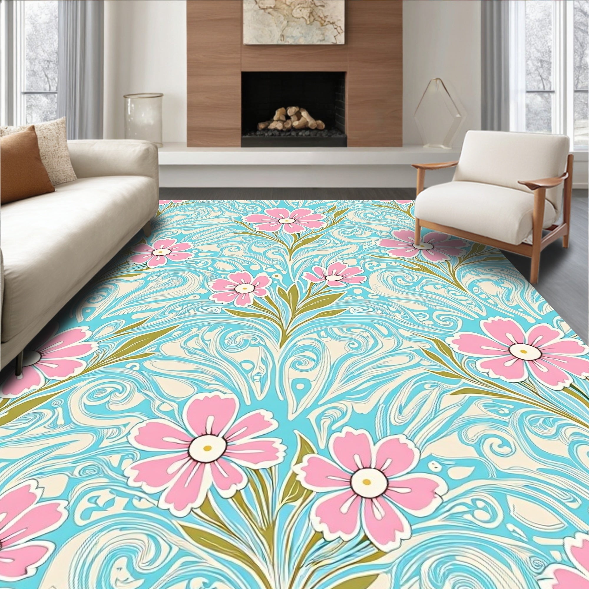 Pastel Pink Flower Swirl Cream Rug