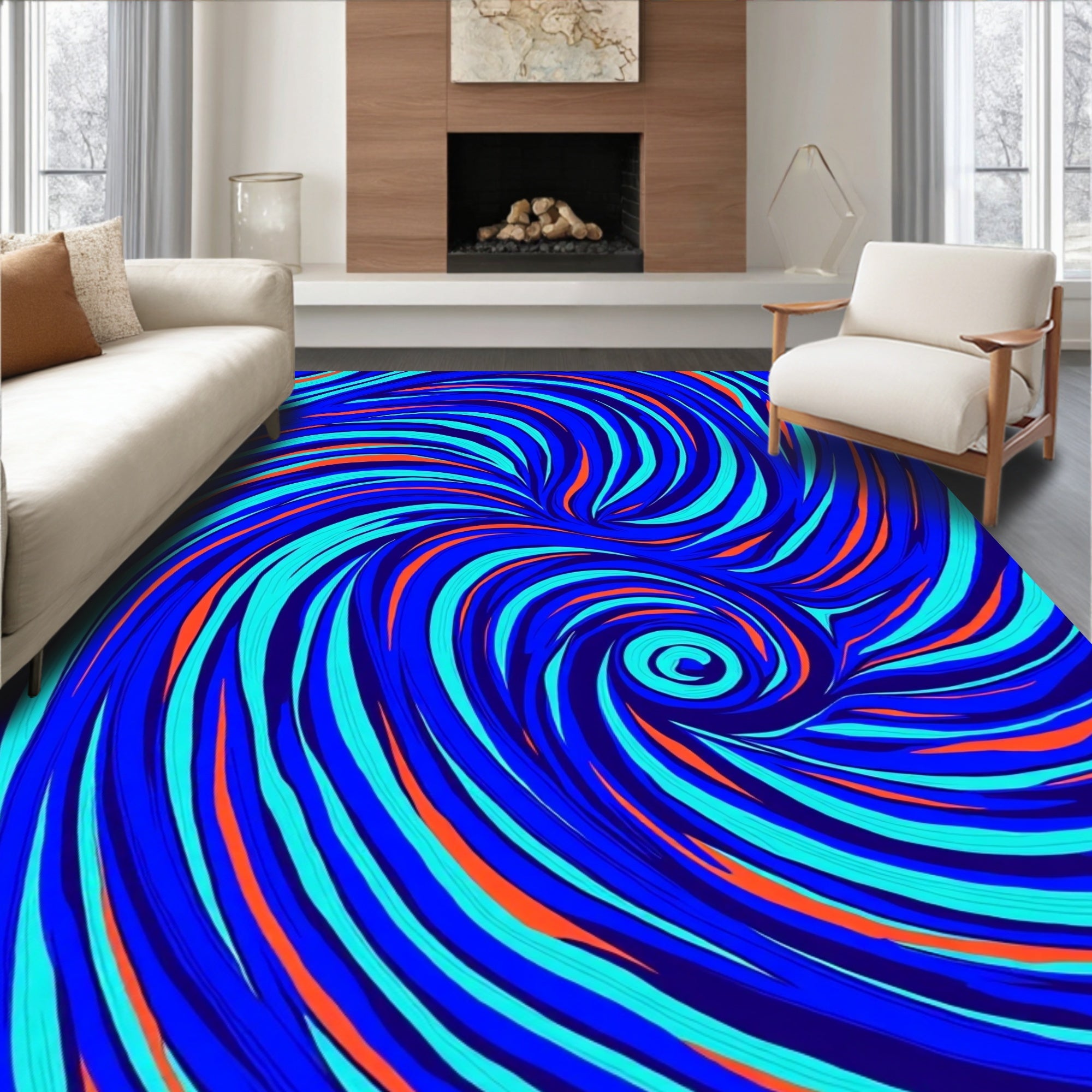 Vibrant Blue Orange Swirl Vortex Rug
