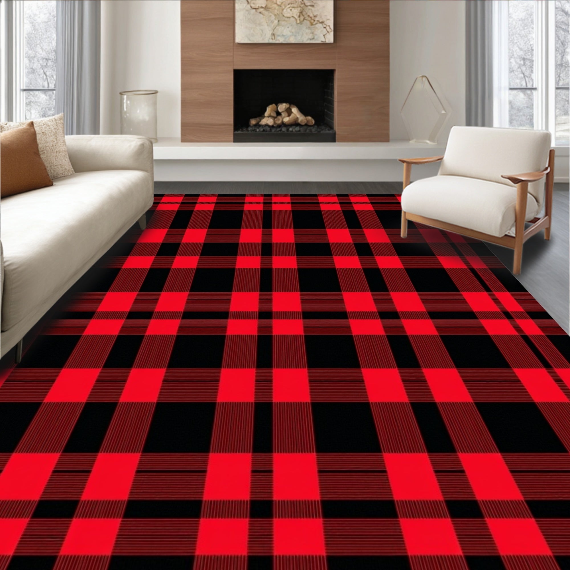 Bold Red Black Plaid Blanket Rug