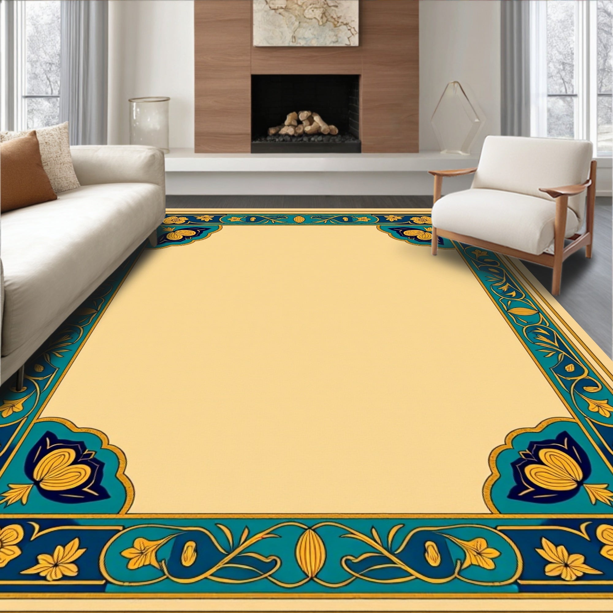Vintage Yellow Blue Floral Border Rug
