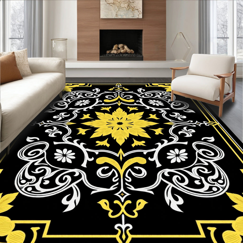 Black Yellow White Floral Medallion Scrollwork Rug