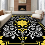 Black Yellow White Floral Medallion Scrollwork Rug