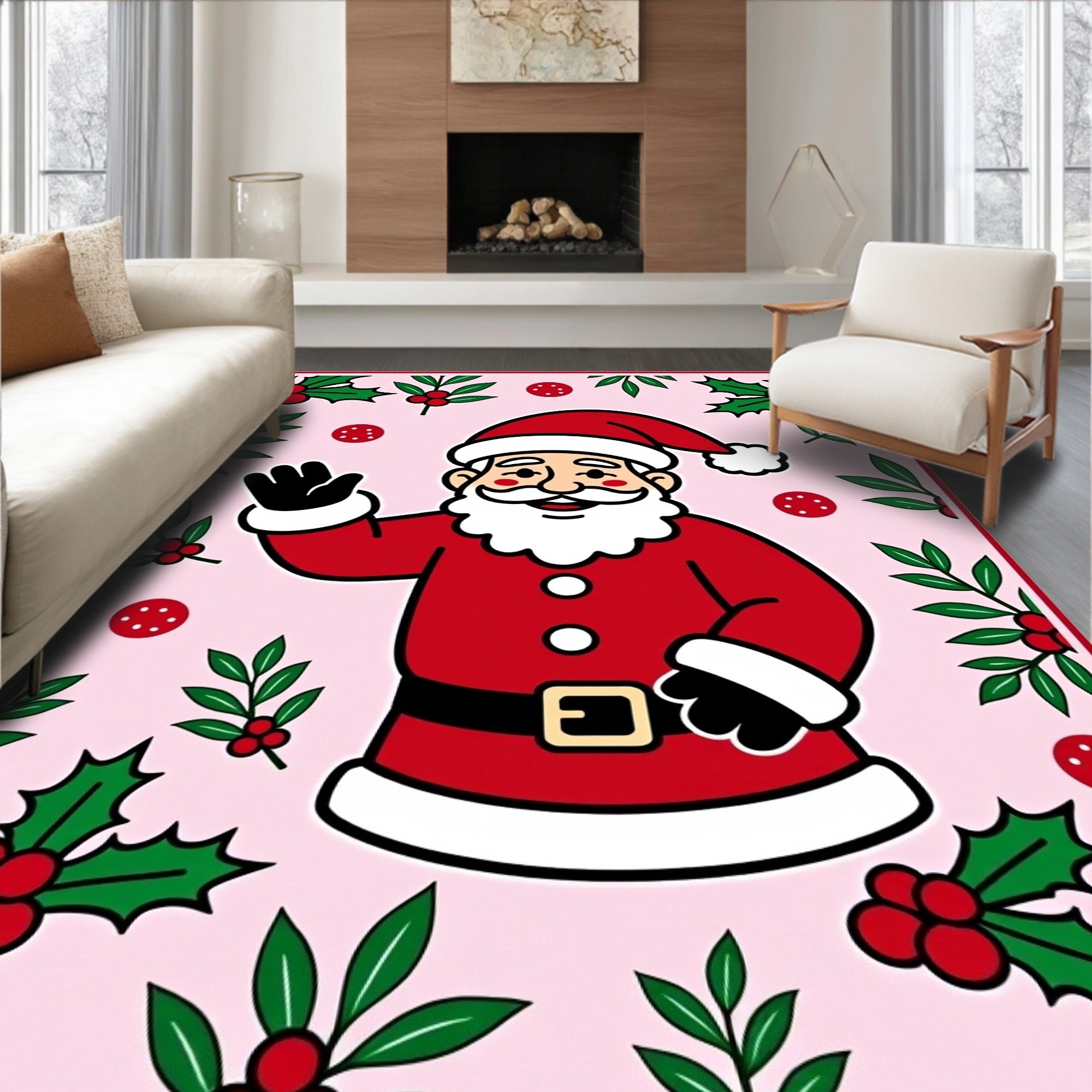 Pink Santa With Holly Berries Rug