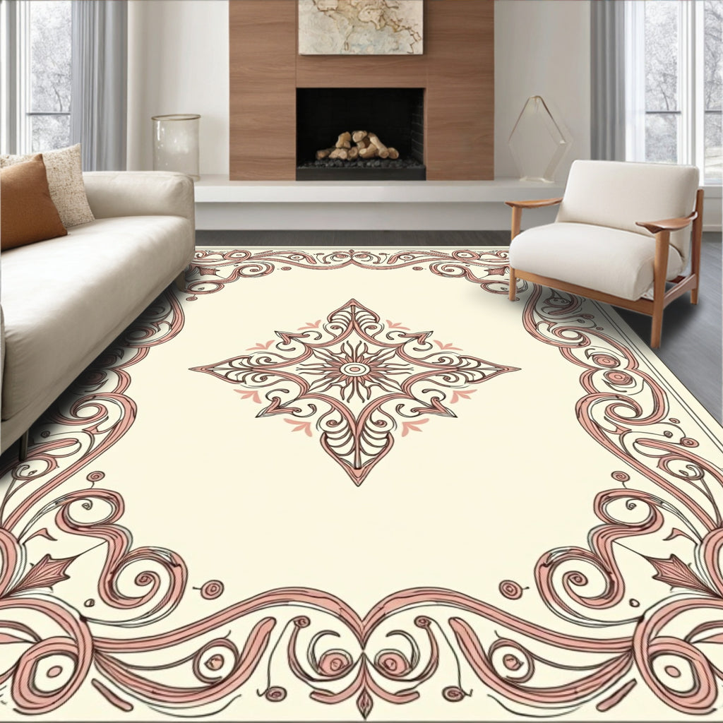 Ornate Pink Blossom Medallion Frame Rug