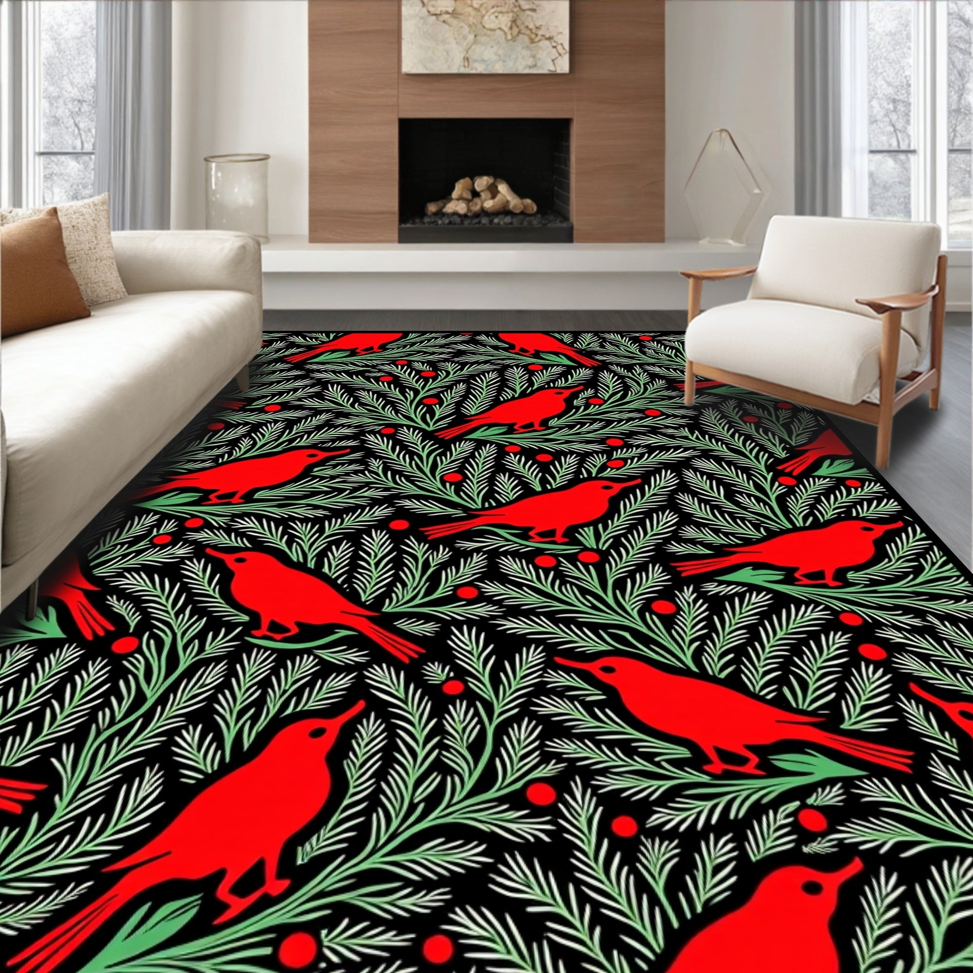 Red Robins on Evergreen Branches Rug