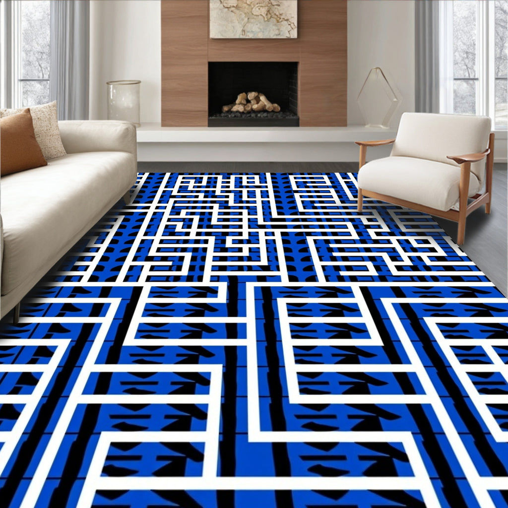 Bold Blue White Geometric Maze Rug