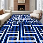 Bold Blue White Geometric Maze Rug