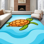 Cute Green Turtle Orange Shell Ocean Waves Rug