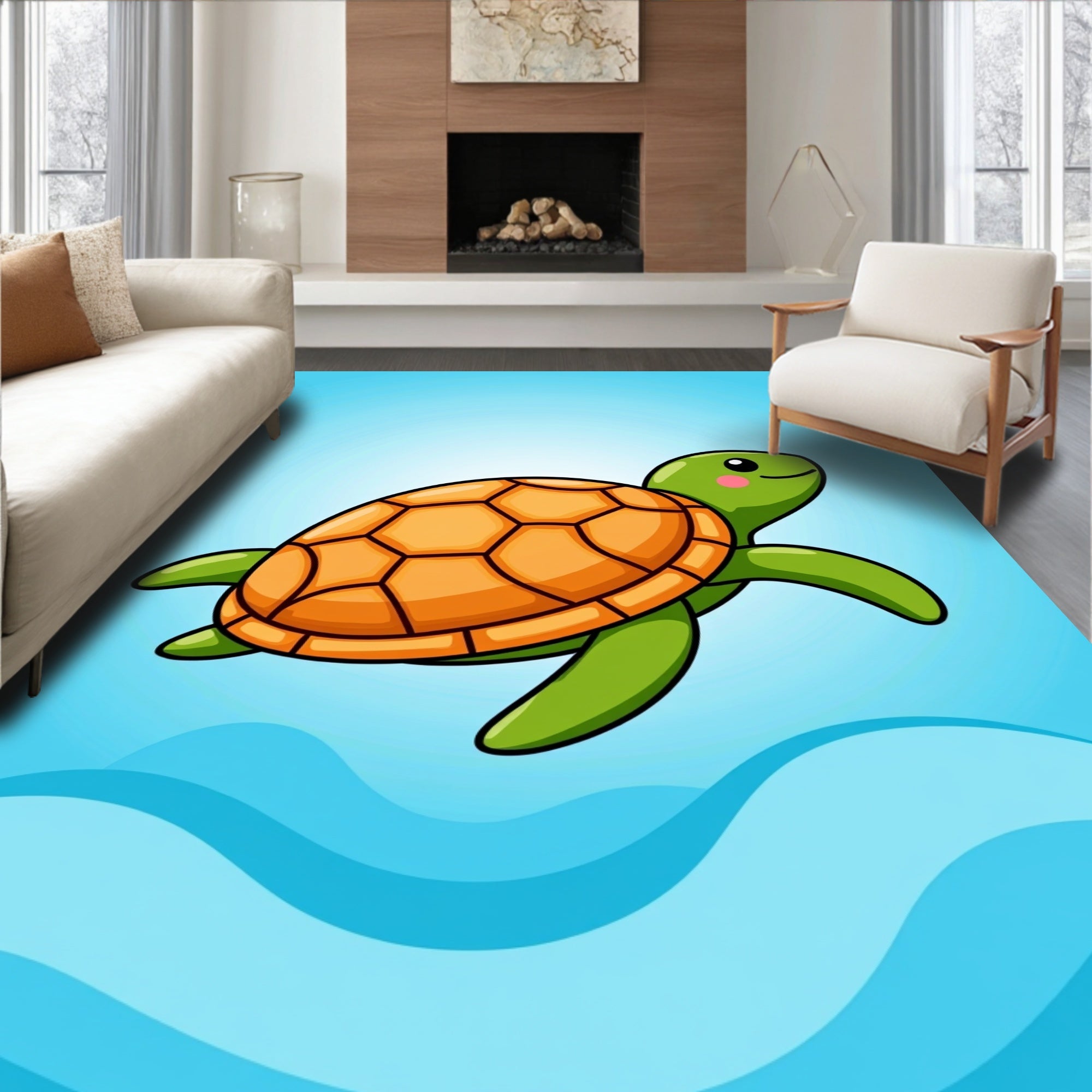 Cute Green Turtle Orange Shell Ocean Waves Rug