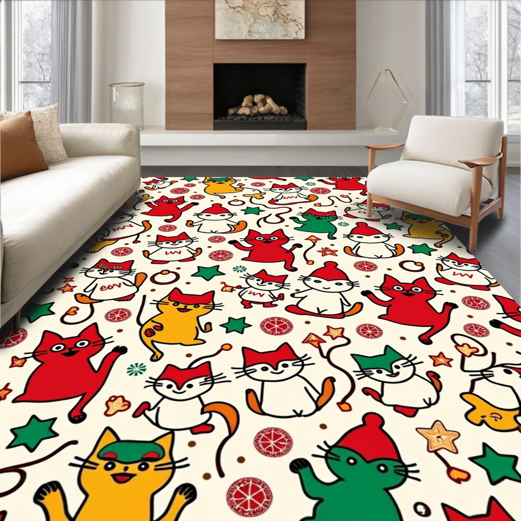 Whimsical Red White Green Cat Collage Rug