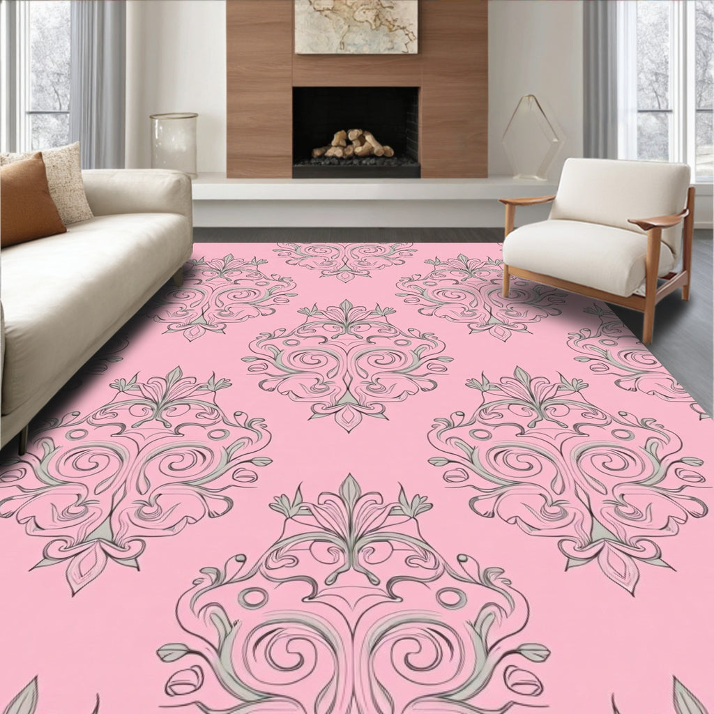 Pink Damask Scrollwork Medallion Arrangement Rug