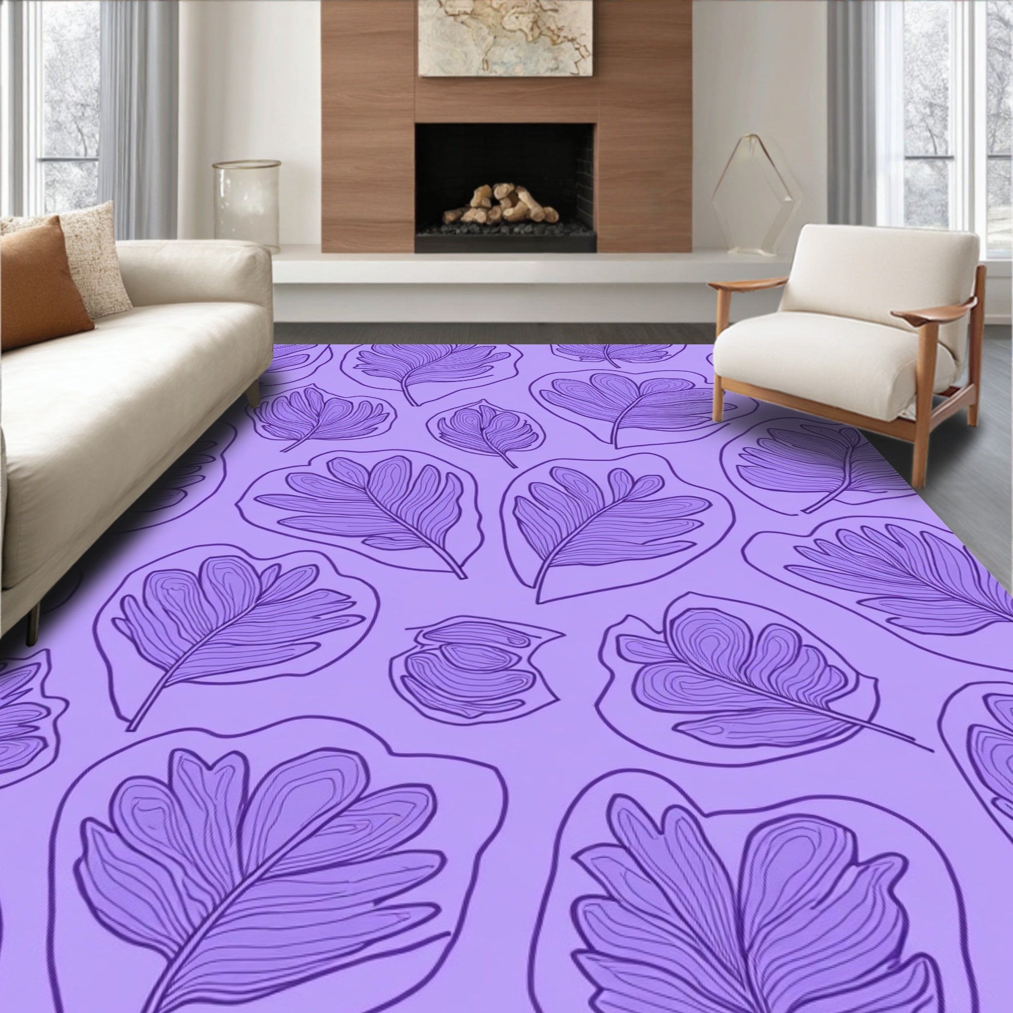 Lavender Violet Feathered Leaf Cluster Rug