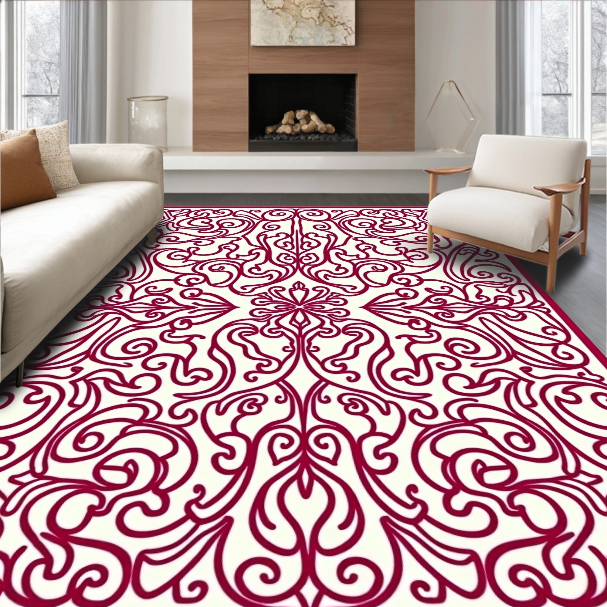 Deep Red Floral Scrollwork Medallion Rug