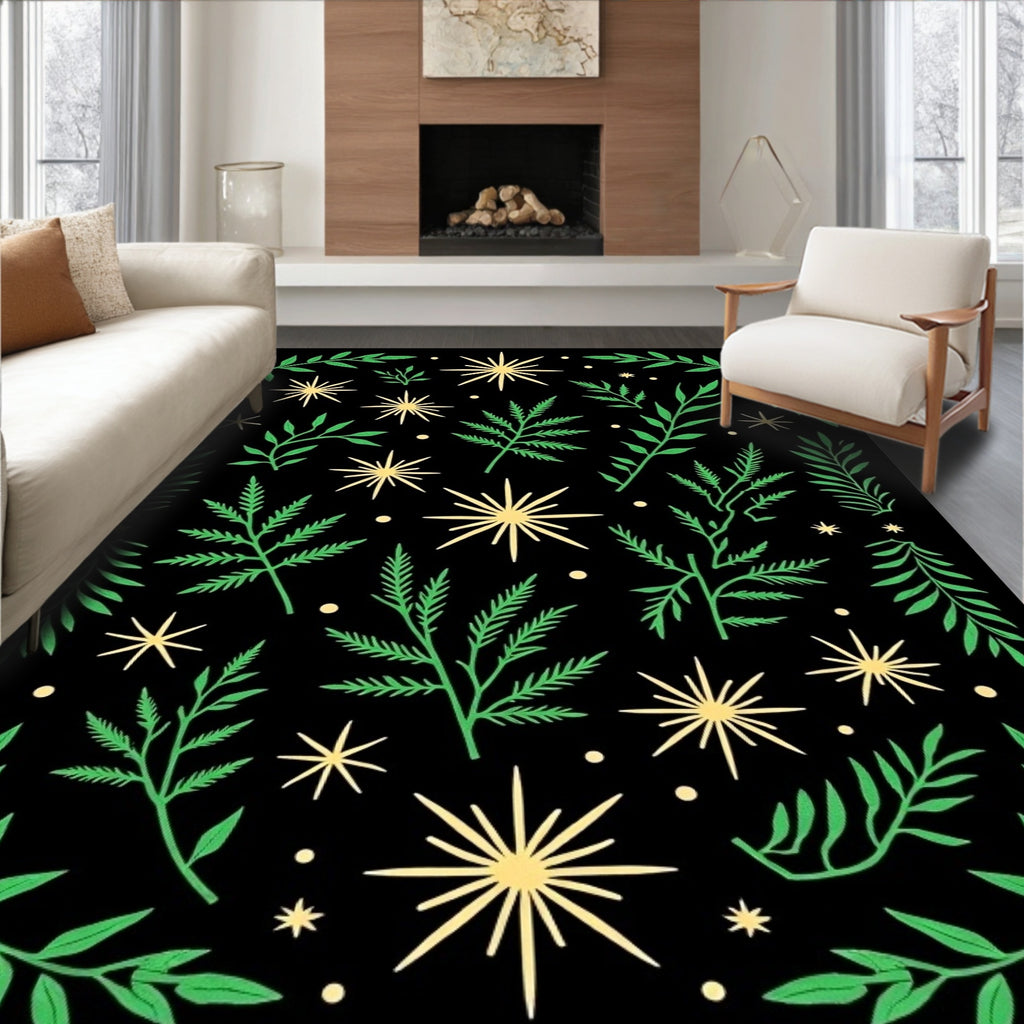 Green Botanical Starburst Black Rug
