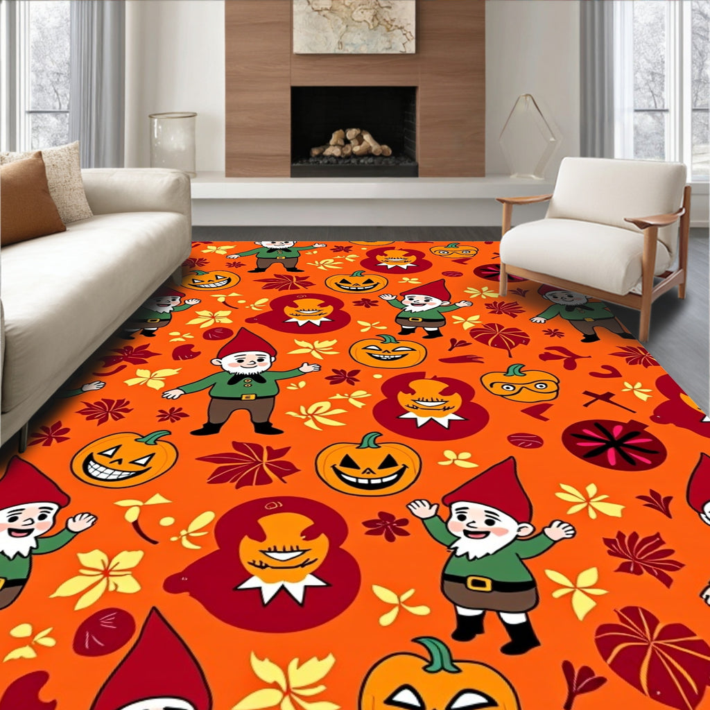 Whimsical Halloween Gnome Pumpkin Leaves Rug