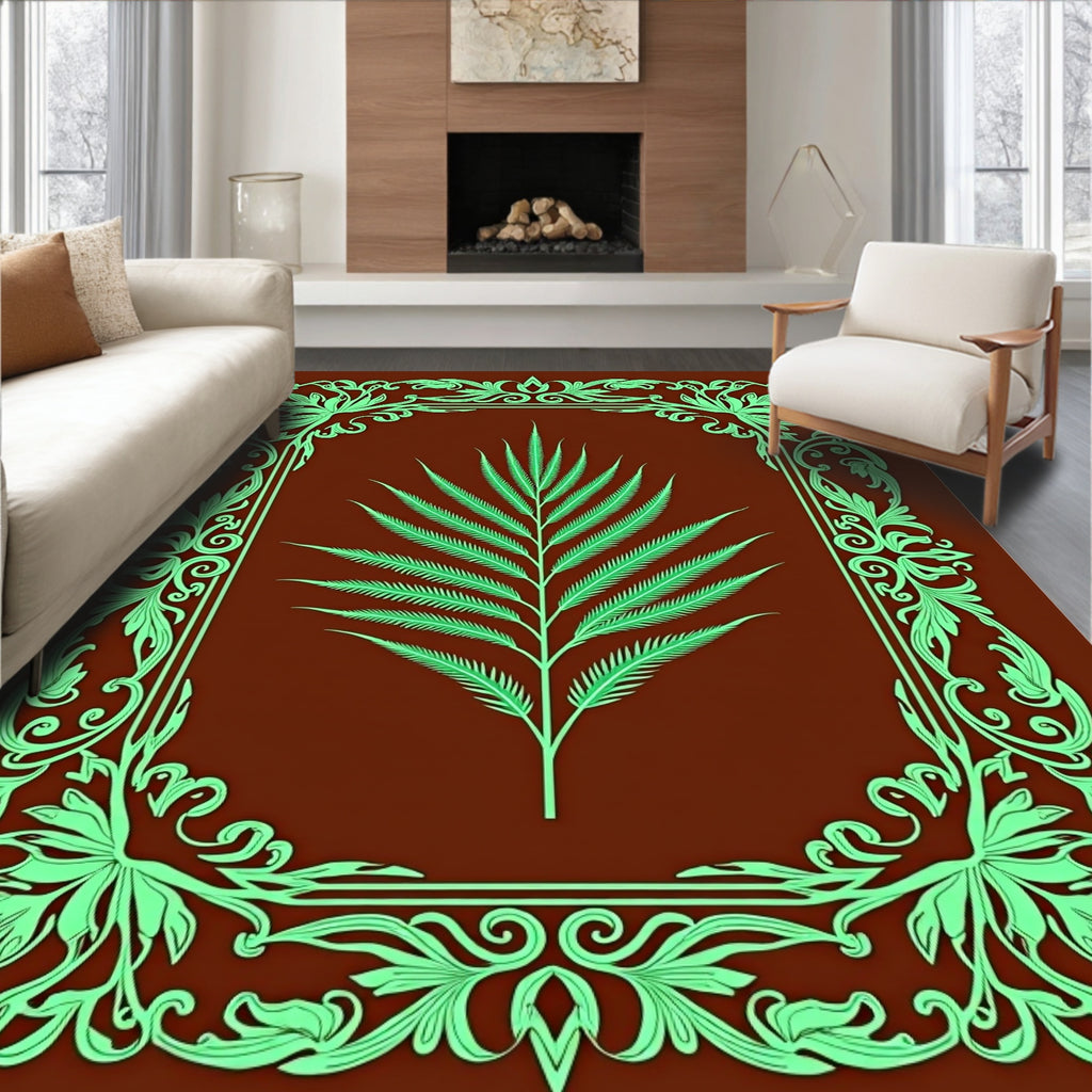 Lush Green Fern Art Nouveau Border Rug