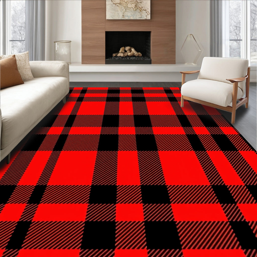 Bold Red Black Checked Plaid Rug