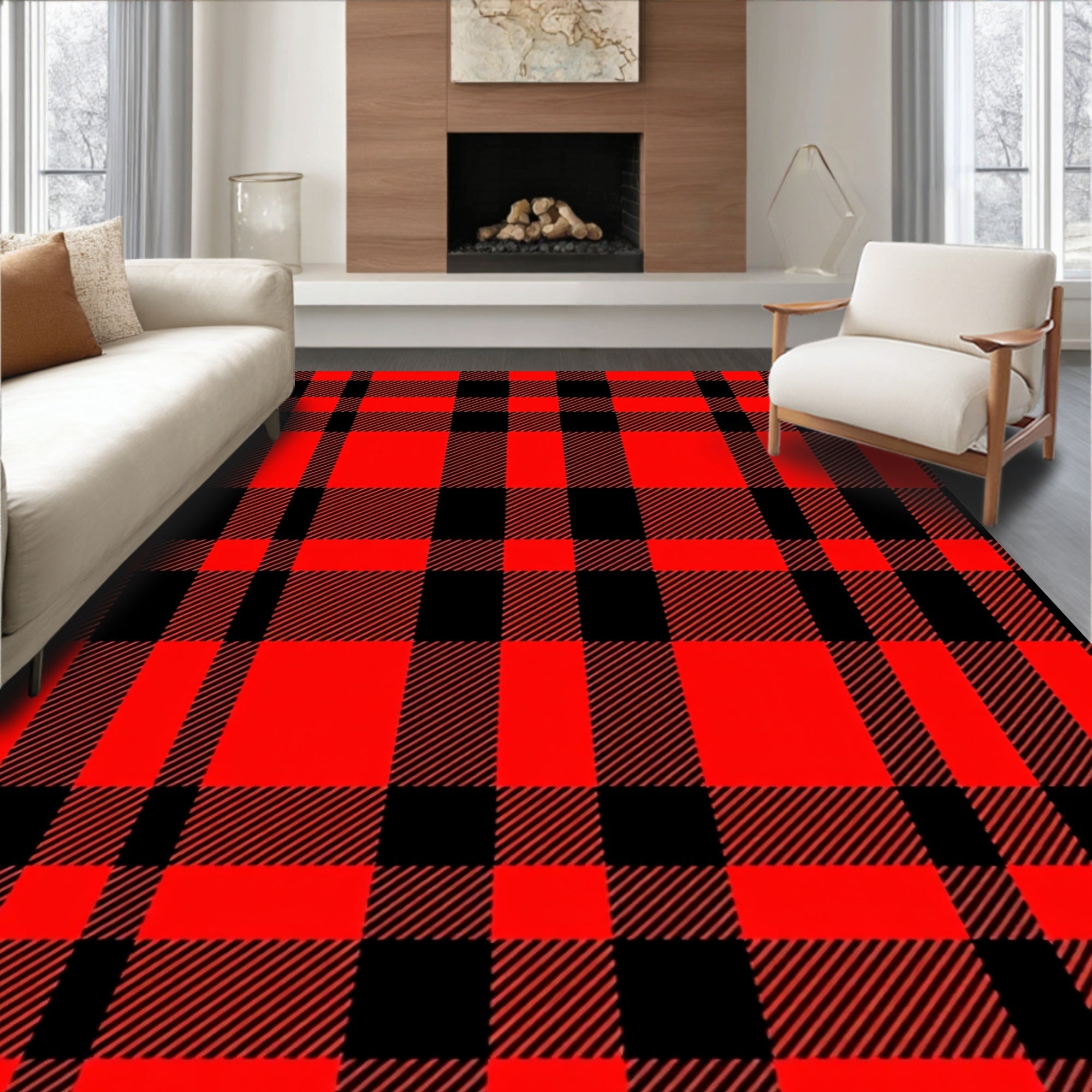 Bold Red Black Checked Plaid Rug