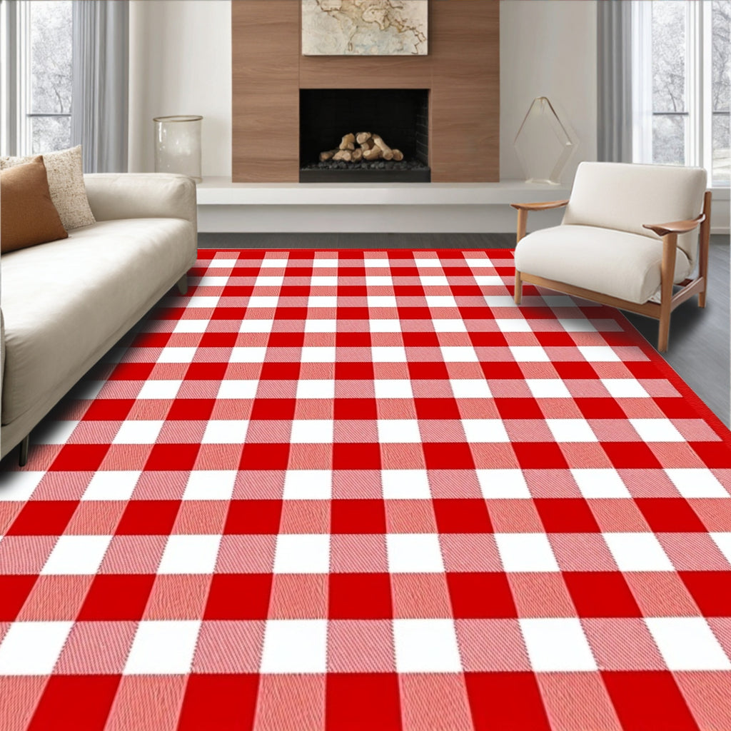 Classic Red White Gingham Squares Rug