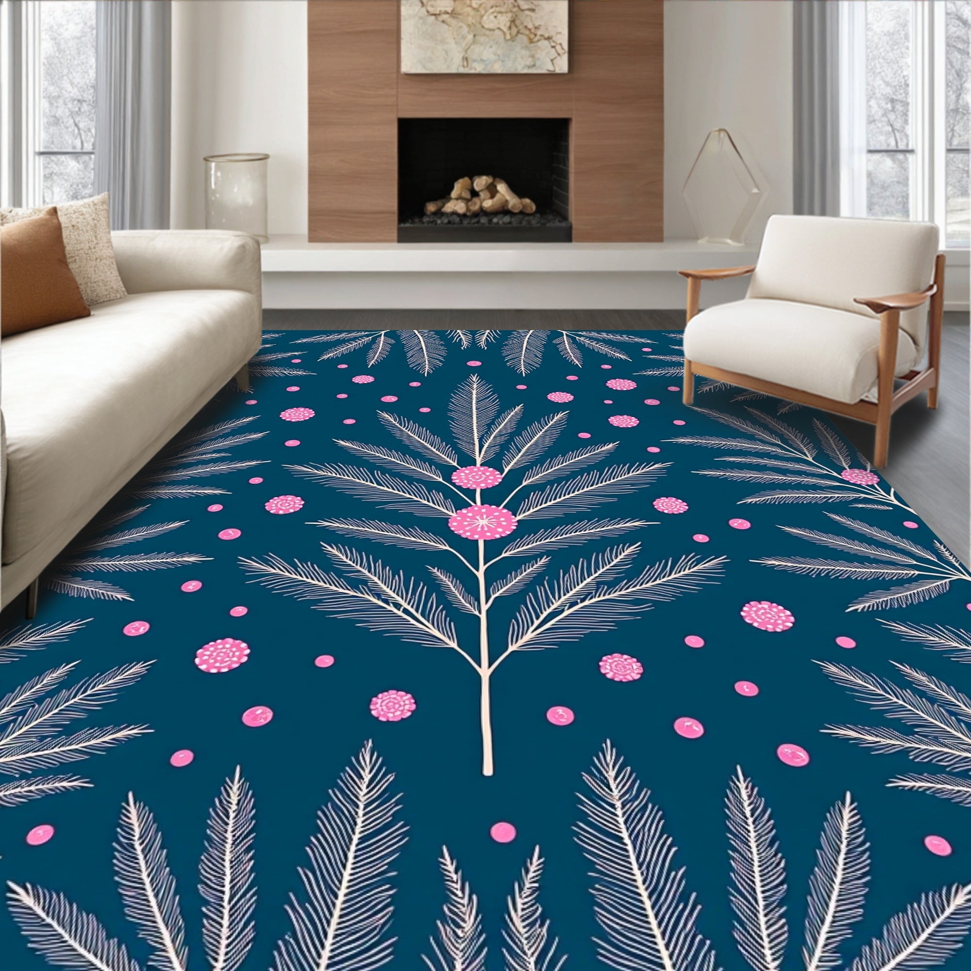 Deep Teal White Feathered Flowers Rug
