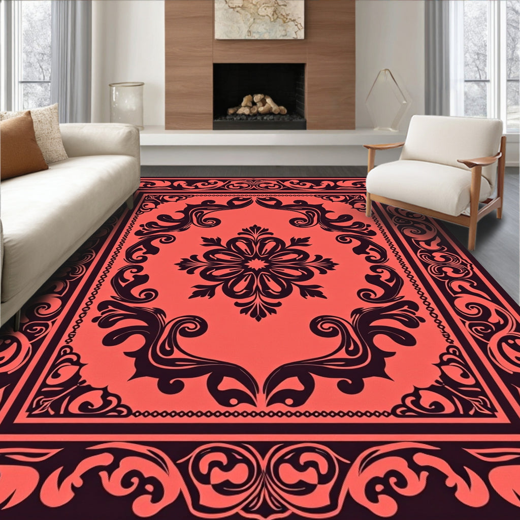 Coral Floral Symmetry Border Rug